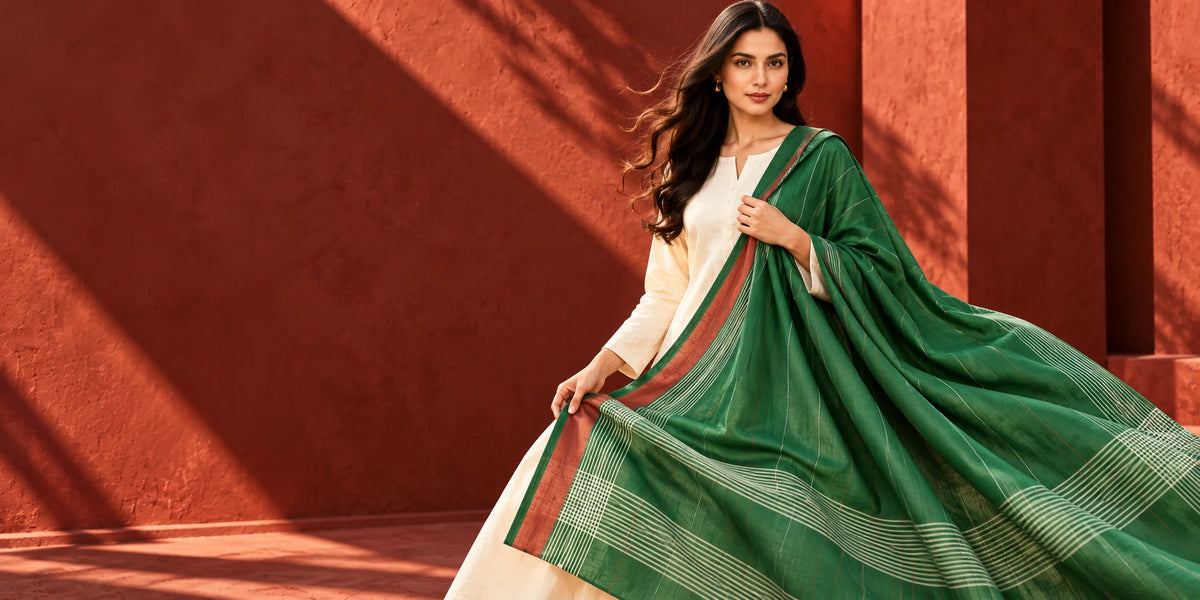 Anchal campaign: green dupatta against a terracotta backdrop