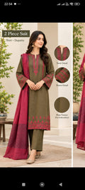 Olive shirt and rose dupatta, shown stitched for styling reference; trousers excluded